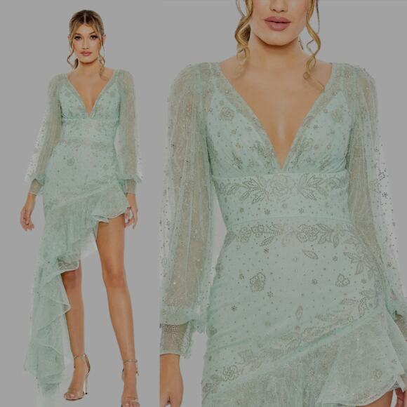 Mac Duggal 50744 Seafoam Green 2 Long Sleeve Formal High Low Gown Maxi Dress - Picture 1 of 12